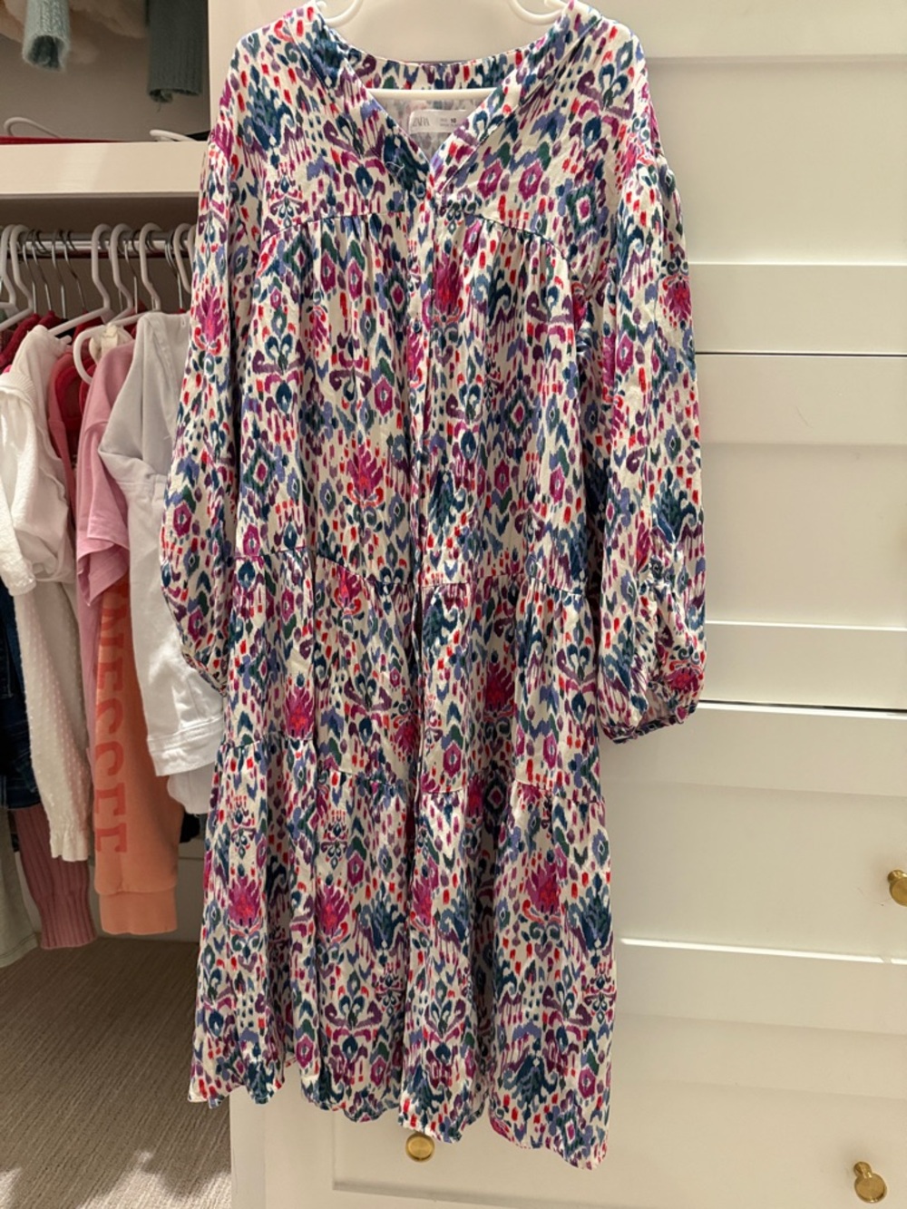 ZARA ikat printTiered Printed Dress in Ivory with Pink & Blue